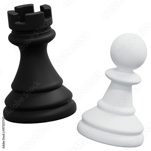 Schilderij op canvas 3D Black Rook And White Pawn Contrast Smooth Matte Chess Object