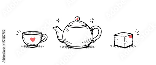 Simple tea set theme  a horizontal row of 3 related hand-drawn objects on a white background: a small teacup with a tiny red heart on the side, a