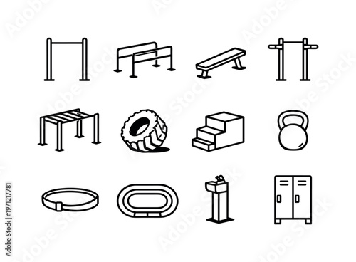 Street workout park: pull-up bar, parallel bars, bench, dip station, monkey bars, tire flip, jump box, kettlebell, resistance band, running track