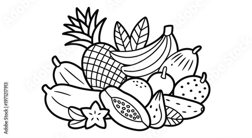 tropical fruit bowl outline, healthy eating concept with fresh summer fruits, exotic flavors illustration, clean line art design suitable for menu, packaging, wellness and nutrition themes.