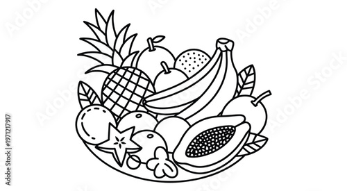 tropical fruit bowl outline, healthy eating concept with fresh summer fruits, exotic flavors illustration, clean line art design suitable for menu, packaging, wellness and nutrition themes.