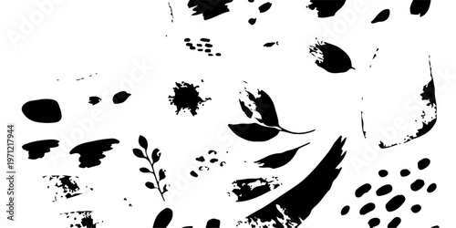 Black ink splat background featuring a grunge paint splash texture with vector splatter drips and artistic liquid brush stain elements on a white silhouette blot pattern