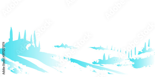 Abstract blue vector illustration of a winter mountain landscape with snow clouds and nature elements for a Christmas holiday card design