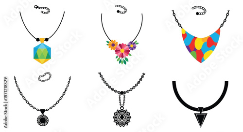 Colorful necklaces with various pendants and chain designs are displayed