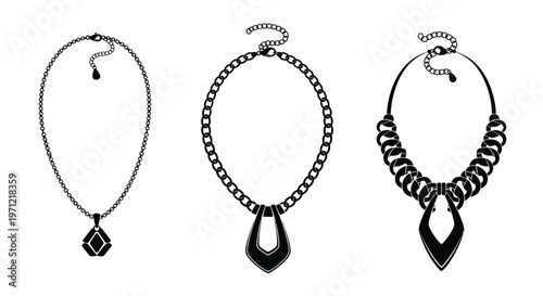 Three black silhouette necklaces with varying chain and pendant styles