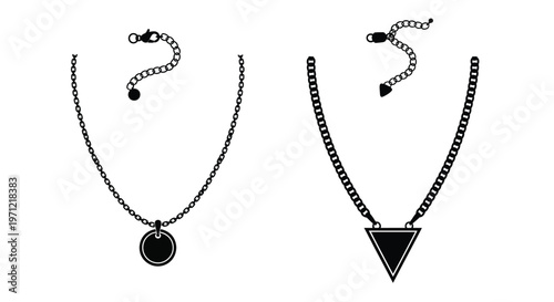 Black and white illustration of three distinct pendant necklaces