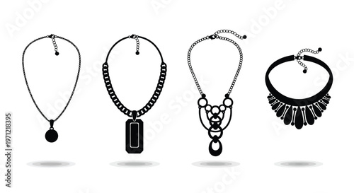 Four black and white necklace designs presented in a linear arrangement