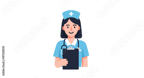 A cheerful cartoon female nurse illustration with a stethoscope and clipboard, representing dedicated healthcare professionals providing essential medical support and care