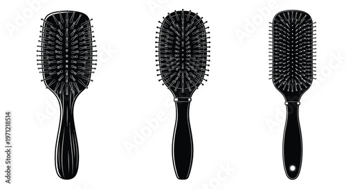 Three black hairbrushes displayed in a row shown in silhouette