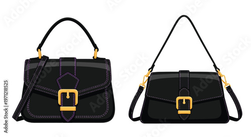 Elegant black handbags with gold and purple accents shown in two views
