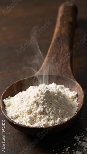 Fine White Rice Flour in a Rustic Wooden Spoon
