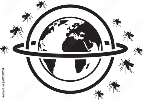 Global world map icon surrounded by swarm of mosquitoes representing global health threat of mosquito borne diseases on transparent background vector