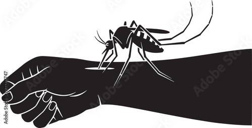 Detailed mosquito biting human arm silhouette icon representing transmission of diseases like malaria and dengue on transparent background vector art