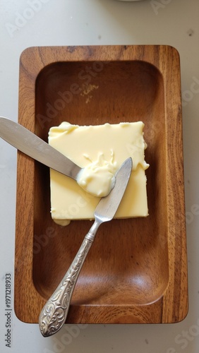 Top View of Fresh Butter in Rustic Wooden Dish with Knife