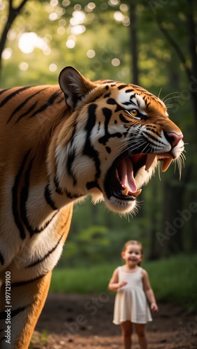 Majestic Bengal Tiger Roaring at a Curious Baby Girl in Golden Forest Light