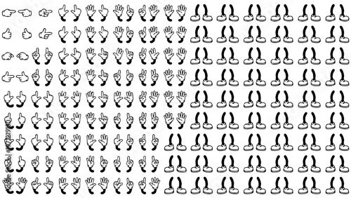 Retro cartoon legs and hands, Hands with gloves and feet with boots, various poses for characters, a set of poses, gestures, placement of hands and feet. Mascot character set.	