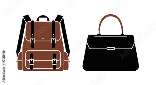 Minimalist illustrations of a backpack and a handbag, isolated on a white backdrop