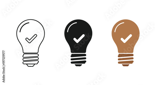 Three different styles of light bulb icons with checkmarks inside, representing ideas, solutions, and successful