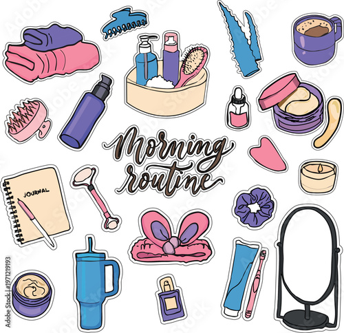 A collection of hand-drawn vector stickers featuring morning routine and self-care elements. The set includes icons for skincare, coffee, journaling, beauty tools like jade rollers and gua sha, towels