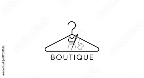 Minimalist Boutique Logo Design Depicting Apparel, Needle, Hanger and Clothing elements