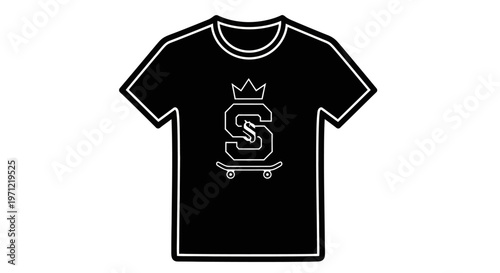 Minimalist black and white skateboard t-shirt design featuring a crown and the letter S