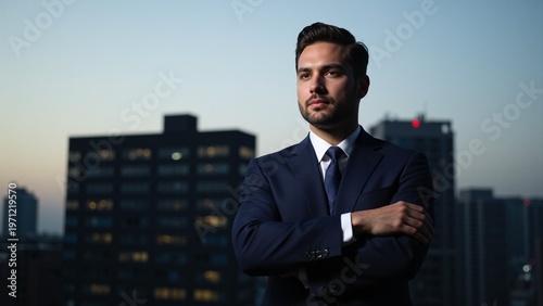 Silhouette of a handsome businessman in a tailored suit radiating quiet leadership against a twilight cityscape