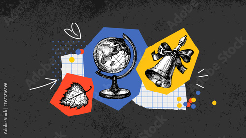 Back to school sketch collage banner. Education poster templates with hand drawn accessories. Chalkboard design. Vector illustration