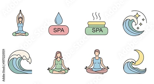 Yoga and spa wellness icons.