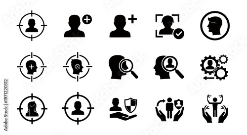 Collection of human silhouette icons showing profiles, targets, and collaborative figures for UI design.