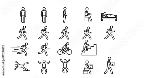 Collection of simple stick figure icons depicting various everyday activities and poses.