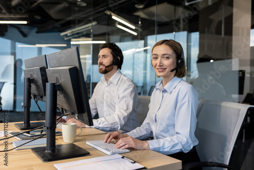 Diverse customer service team working in modern call center office