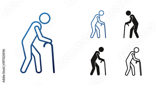 Group of elderly individuals using canes for mobility while walking together outdoors.