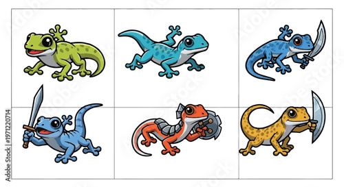 Colorful cartoon lizards posed with swords and shields on white background