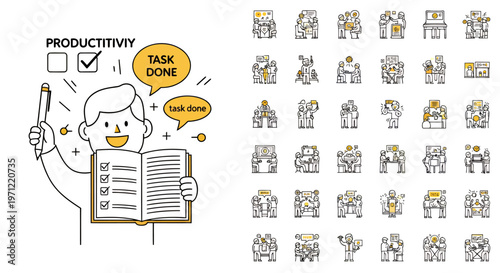 Cheerful cartoon teacher reading from an open book and guiding students.