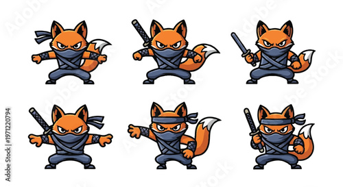 Cartoon fox ninja poses in various action styles isolated on white