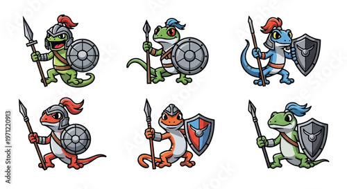 Cartoon lizard soldiers with spear and shield vector set