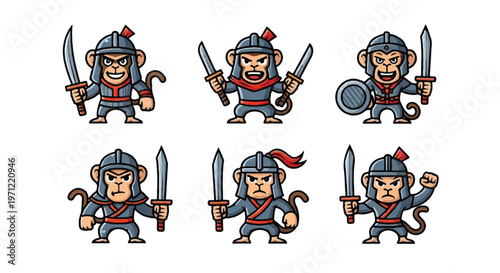Cartoon warrior monkey characters set with weapons isolated