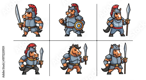 Cartoon horse soldiers in armor posing with weapons against white