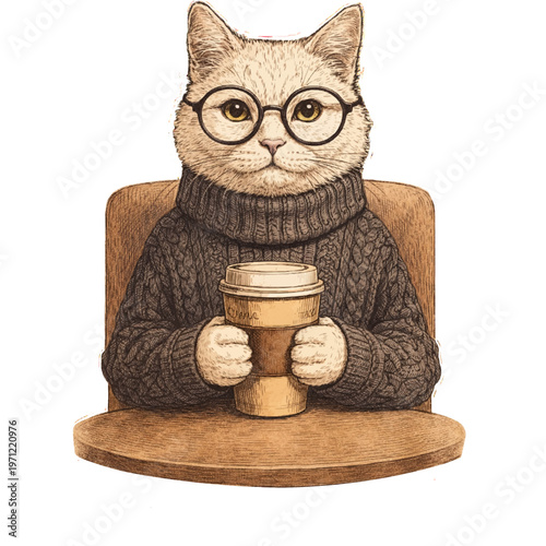 Cute White Cat Wearing Glasses and Sweater Holding Coffee Cup at Table