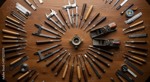 Arrangement of woodworking tools in a circular pattern on a light wooden surface.
