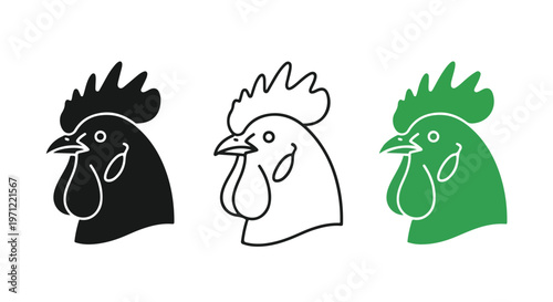 Three stylized rooster head icons in black, outline, and green variations representing farm animals and poultry