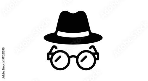 Silhouette illustration of a fedora hat with glasses for a mysterious or detective theme