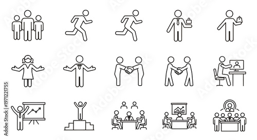 Collection of line art human figures in various activities and poses, depicted as simple silhouettes and icons.