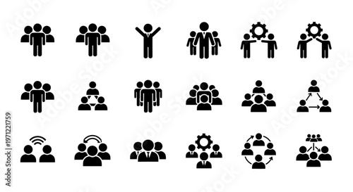 A collection of multiple people silhouettes in various group and teamwork poses across a simple illustration.