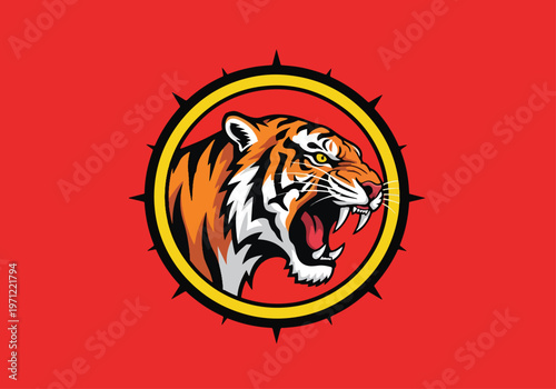 Tiger head inside spiked circular frame: Gaming logo - Gaming Mascot - esport mascot vector illustration  Logo, Mascot, E-Sport, vector mascot - Mascot Logo