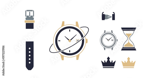 A collection of stylized timekeeping elements, representing various concepts and tools