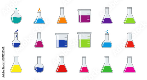 Colorful laboratory glassware illustration representing chemistry and scientific research