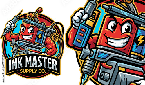 Tattoo machine cartoon character logo.
