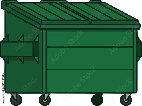 Green dumpster on wheels outside.