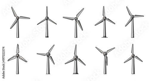 Illustrated Set of Wind Turbines in Various Angles Depicting Energy Production